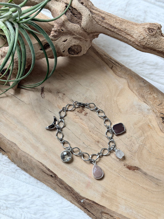 Moonstone + Quartz Silver Stainless Charm Bracelet