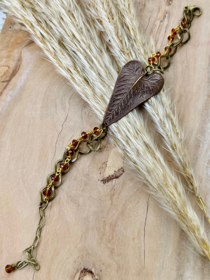 Brown Brass Leaf + Hessonite Garnet Mixed Metal Chain Bracelet