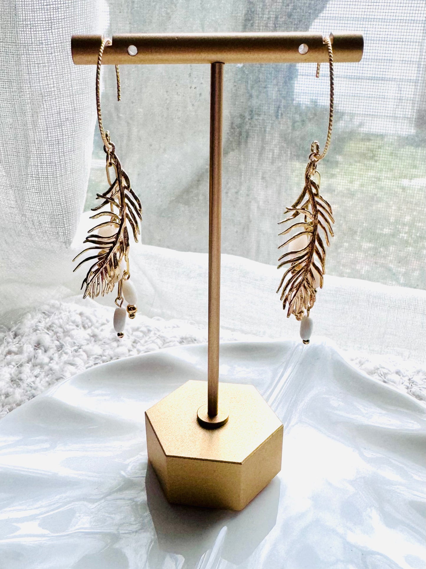 Botanical Feather + Gold Dangle Earrings