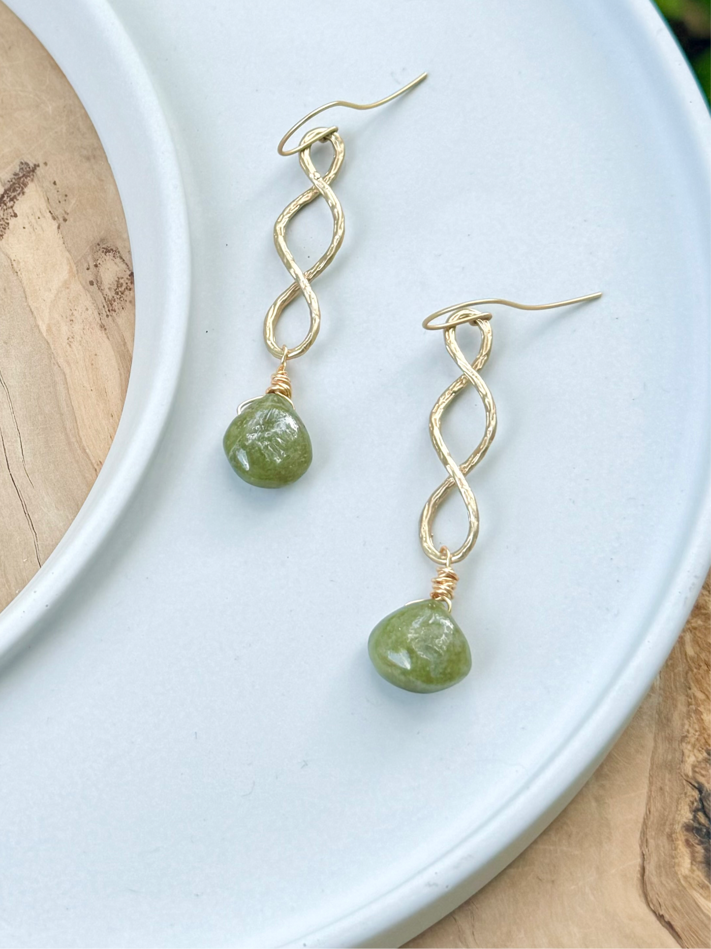 Green Garnet + Matte Gold Infinity Earrings