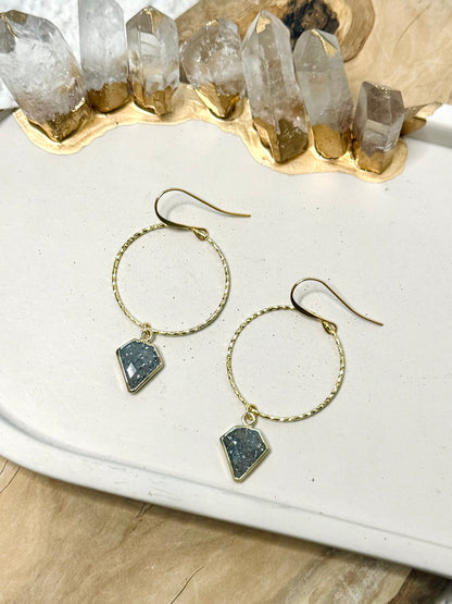 Black Sunstone + Gold Circle Earrings