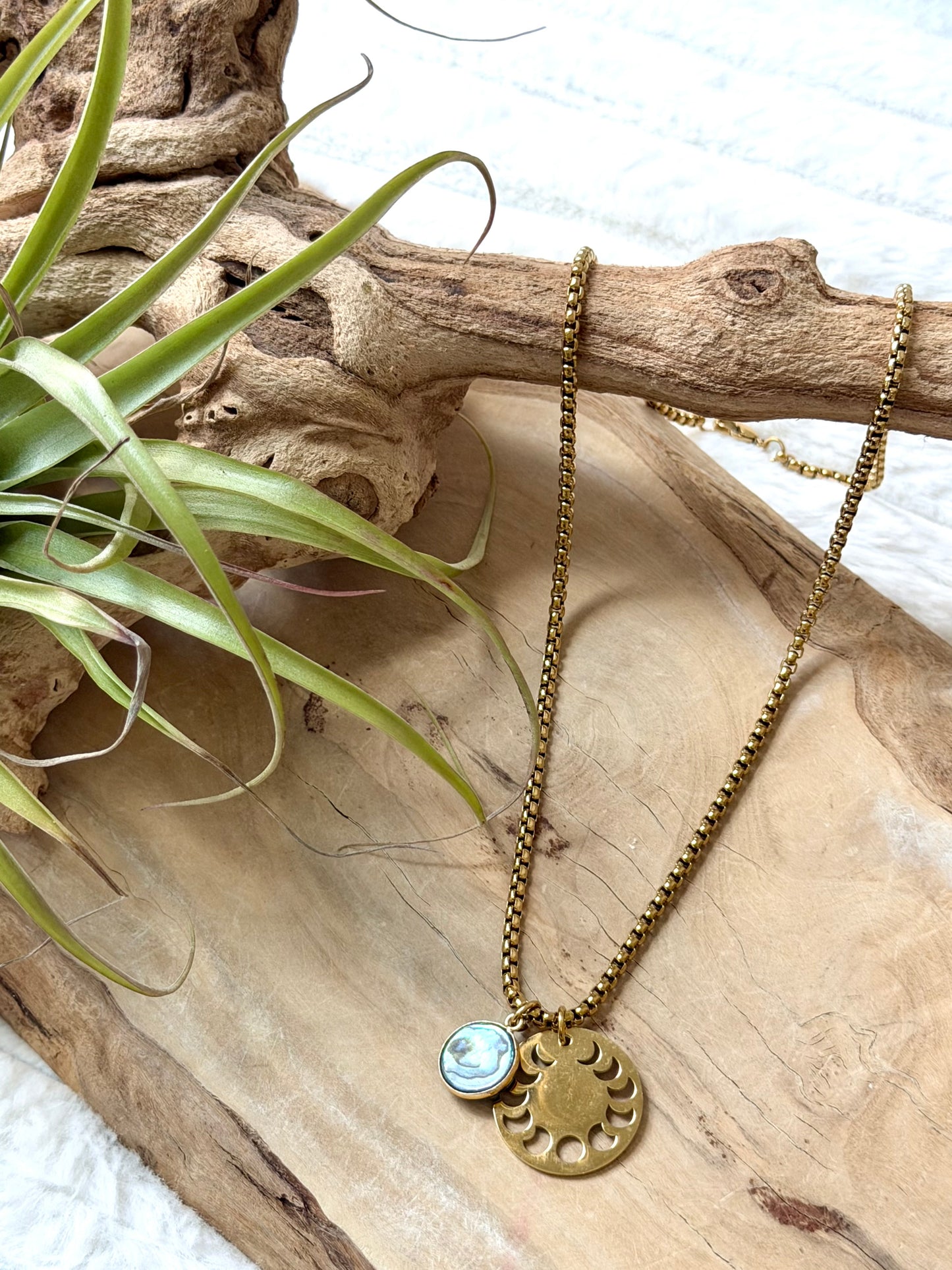 Abalone Shell + Gold Moon Phases Necklace