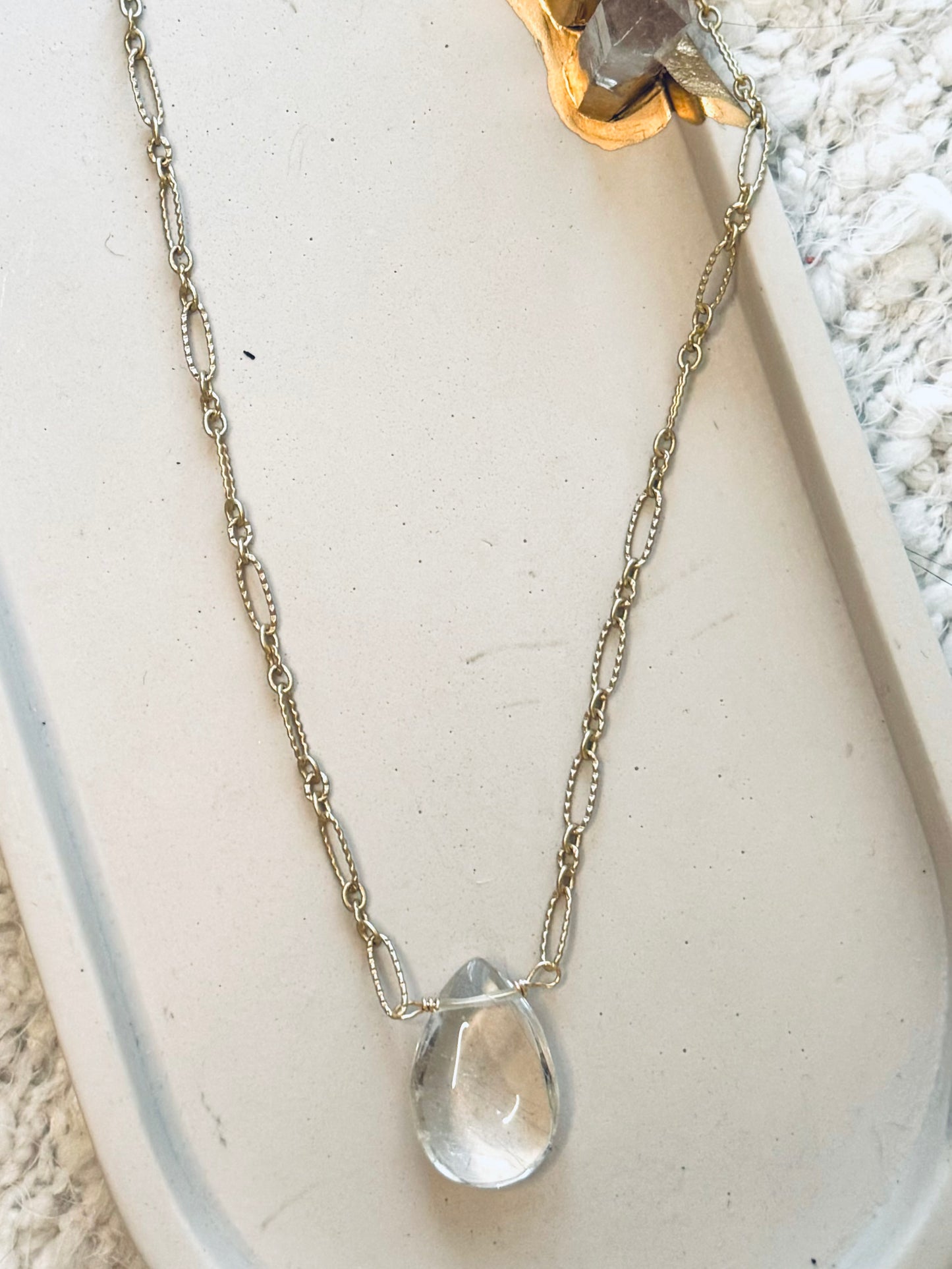 Clear Quartz + Matte Gold Pendant Necklace