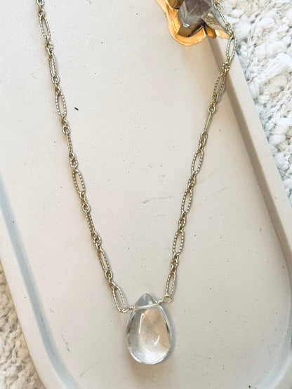 Clear Quartz + Matte Gold Pendant Necklace