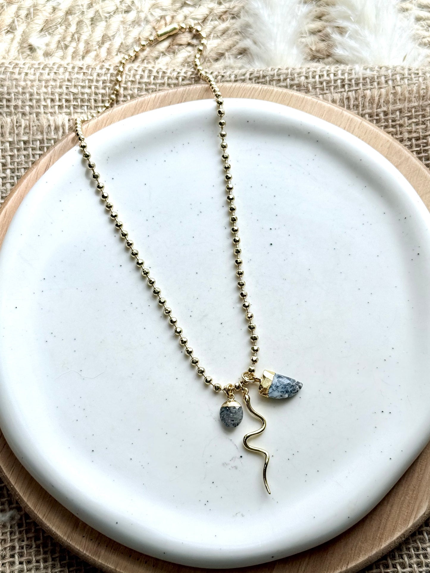 Opal + Black Sunstone Gold Snake Necklace