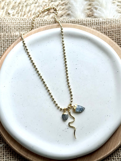 Opal + Black Sunstone Gold Snake Necklace