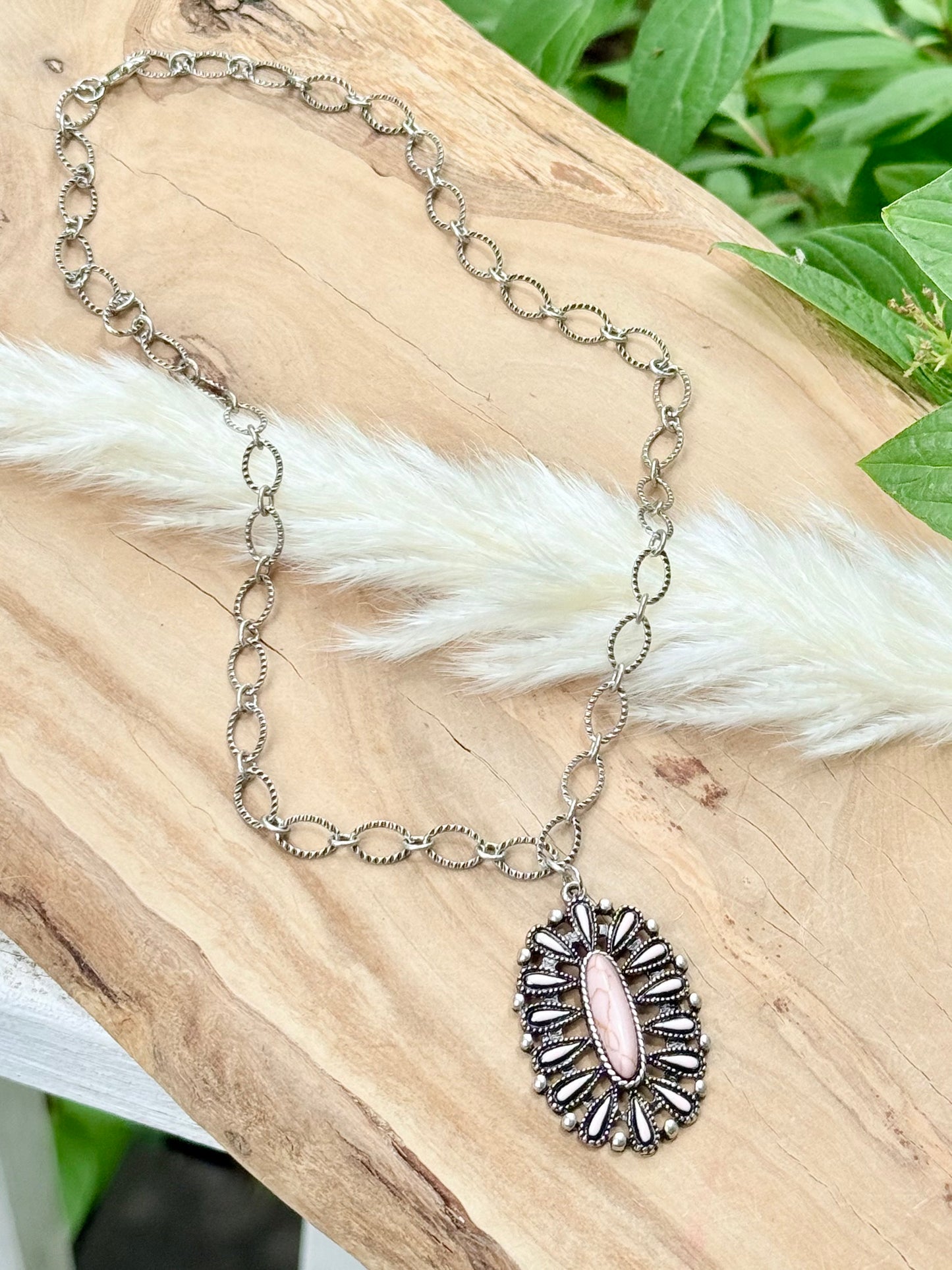 Pink Howlite + Antique Silver Necklace
