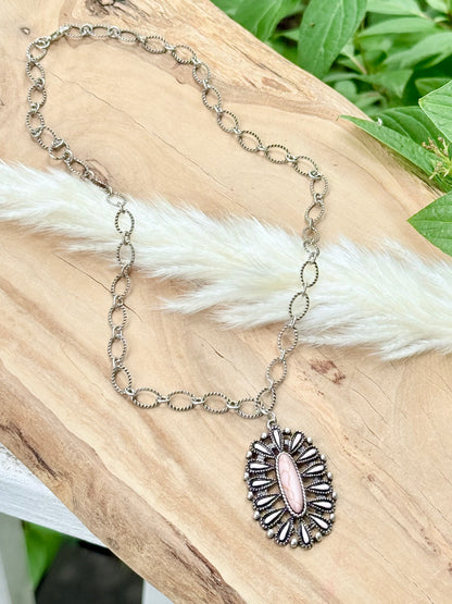Pink Howlite + Antique Silver Necklace