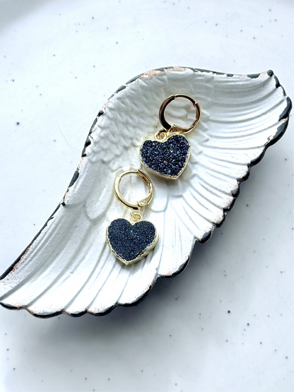 Black Druzy Agate + Gold Heart Huggie Earrings