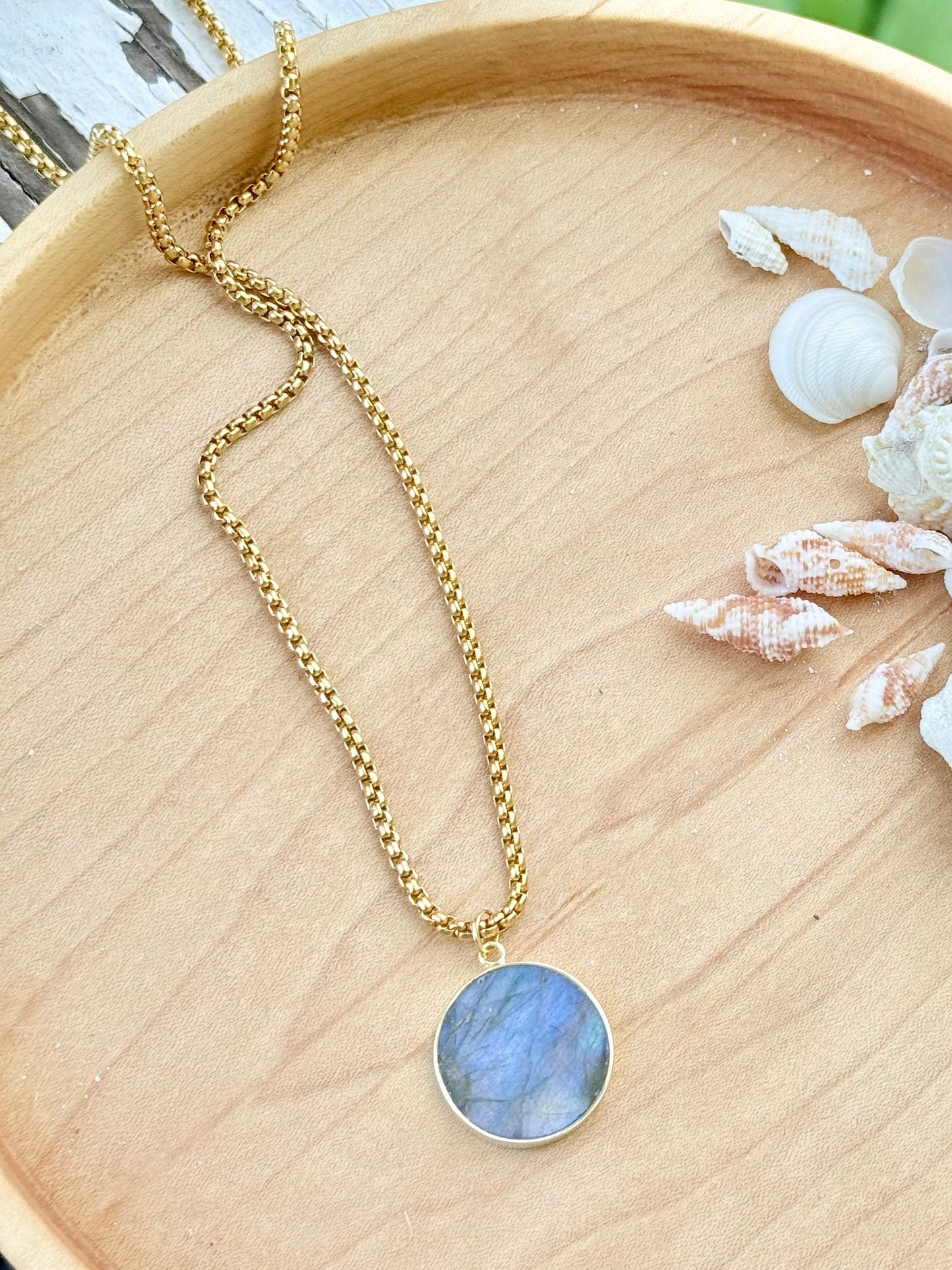 Labradorite + Gold Circle Pendant Necklace