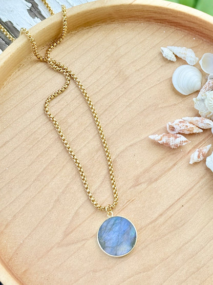 Labradorite + Gold Circle Pendant Necklace