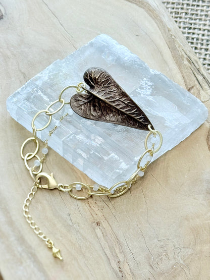 Brown Brass Leaf + Moonstone Mixed Metal Chain Bracelet