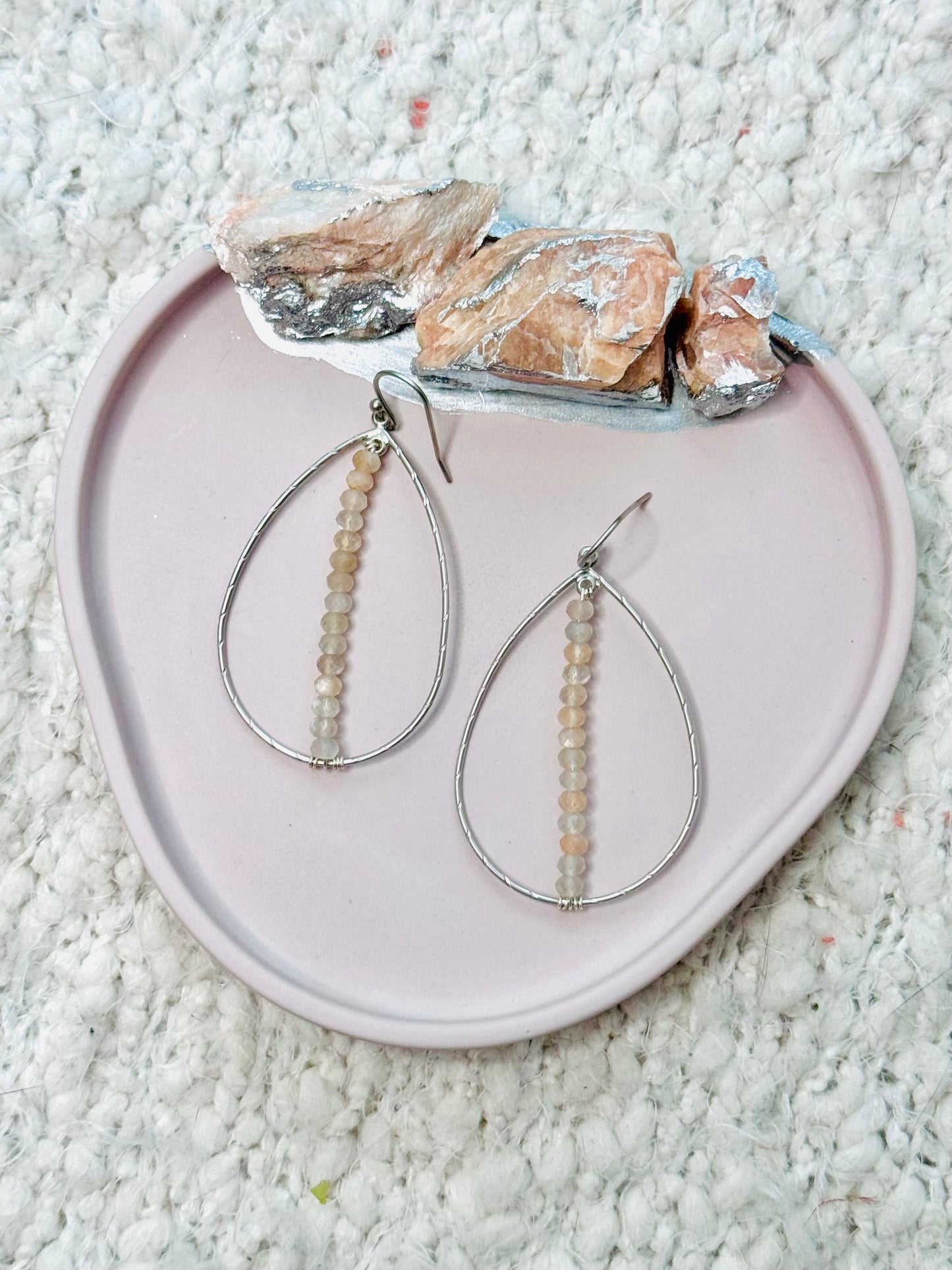 Moonstone + Matte Silver Teardrop Earrings