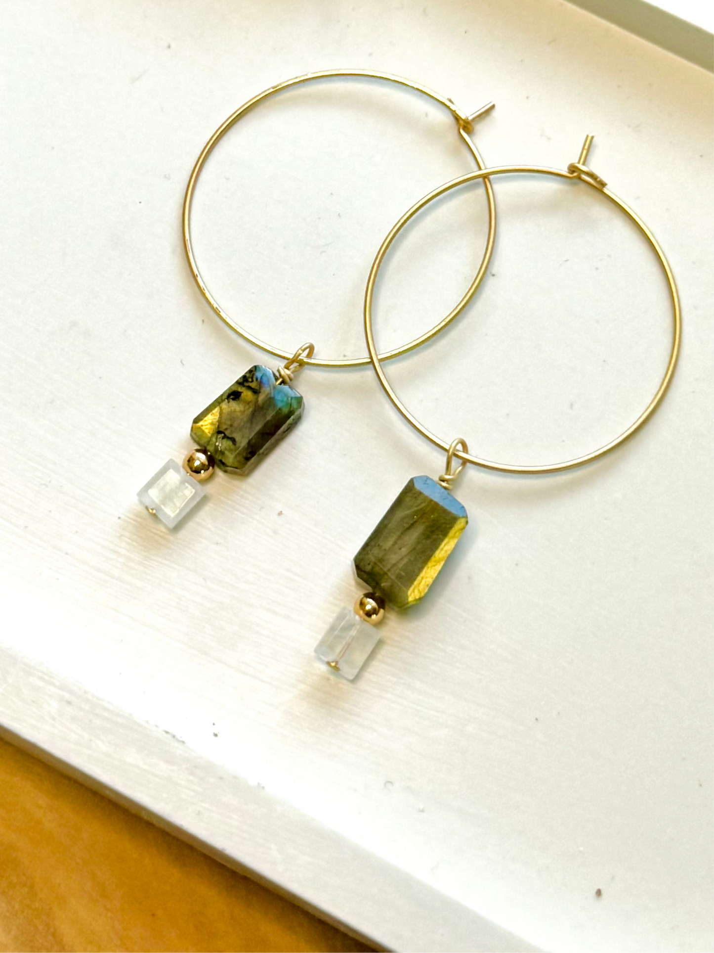 Labradorite + Moonstone Matte Gold Hoop Earrings