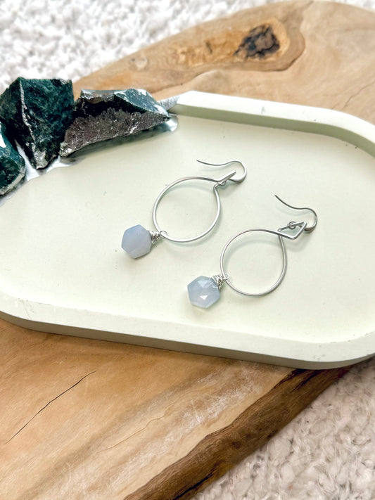 Blue Chalcedony + Matte Silver Twist Earrings