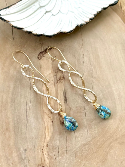 Azurite + Matte Gold Infinity Earrings