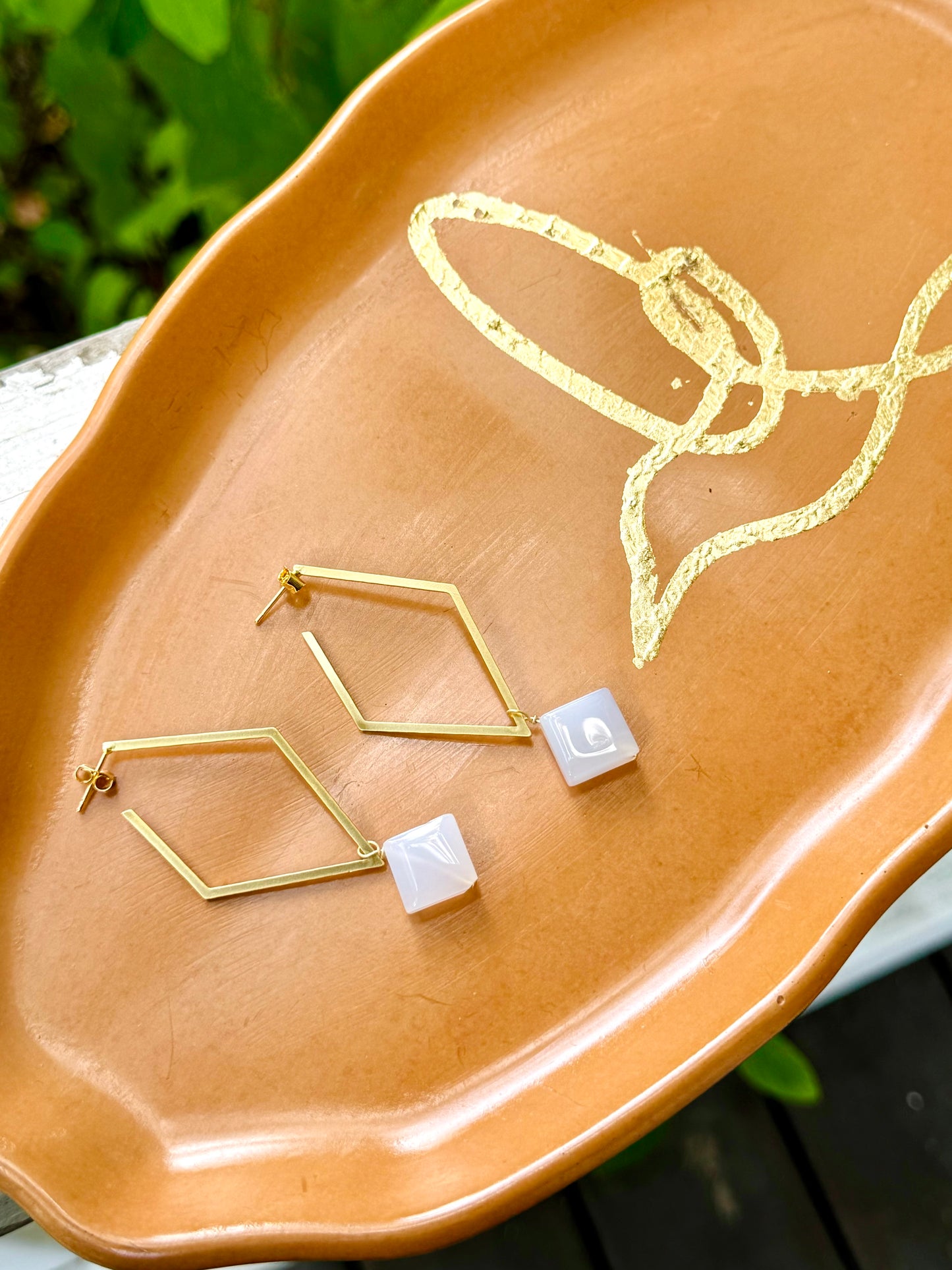 Blue Chalcedony + Matte Gold Diamond Earrings