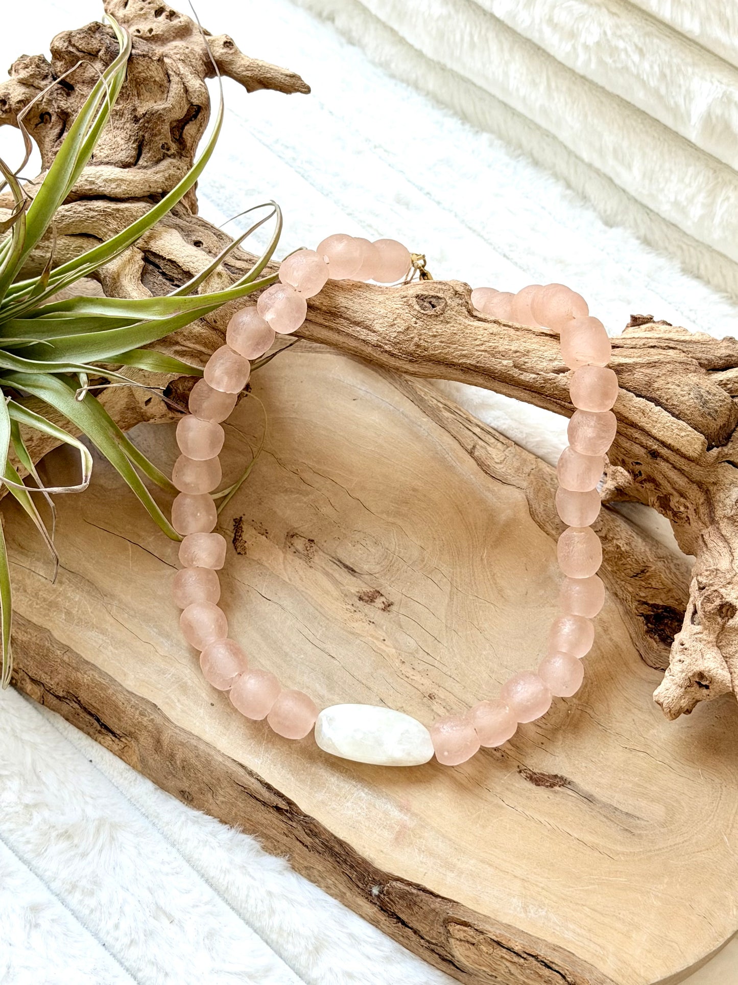 White Moonstone + Pink African Glass  Chunky Necklace