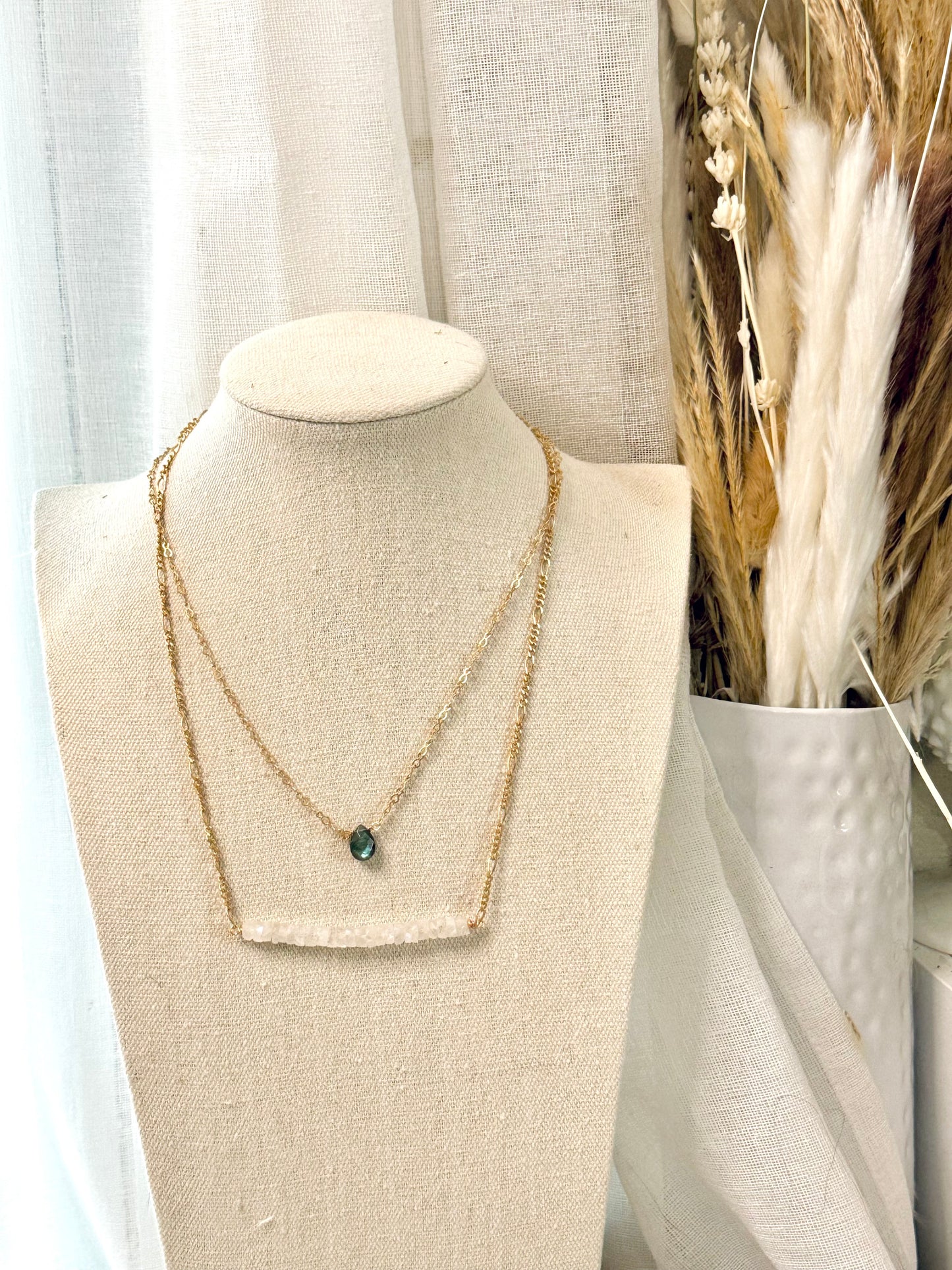 Moonstone + Gold Chain Long Bar Necklace
