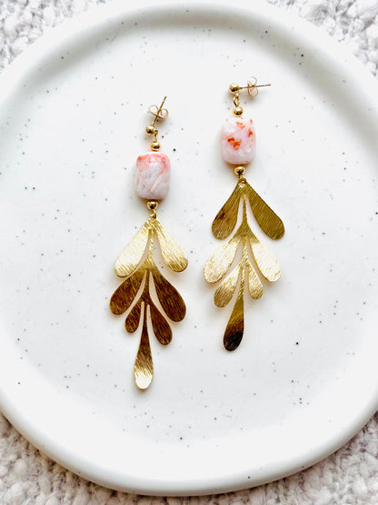 Red Flower Agate + Botanical Dew Drop Gold Earrings