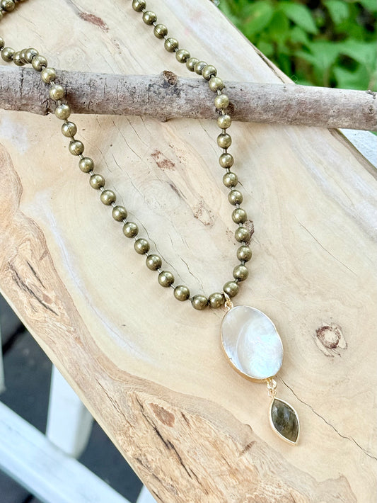Mother of Pearl + Labradorite Antique Brass Ball Chain Necklace
