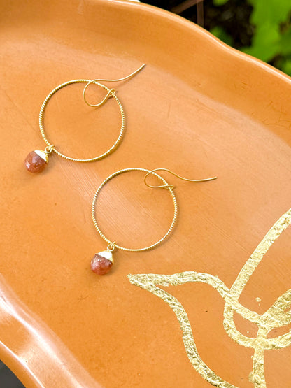 Sunstone + Matte Gold Hoop Earrings