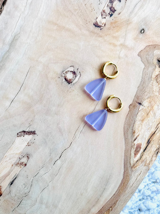 Lavender Sea Glass + Gold Huggie Earrings