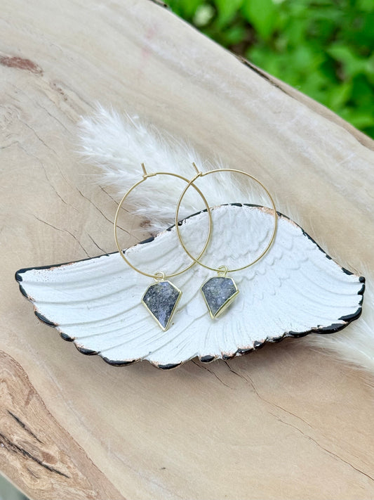 Black Sunstone + Matte Gold Hoop Earrings
