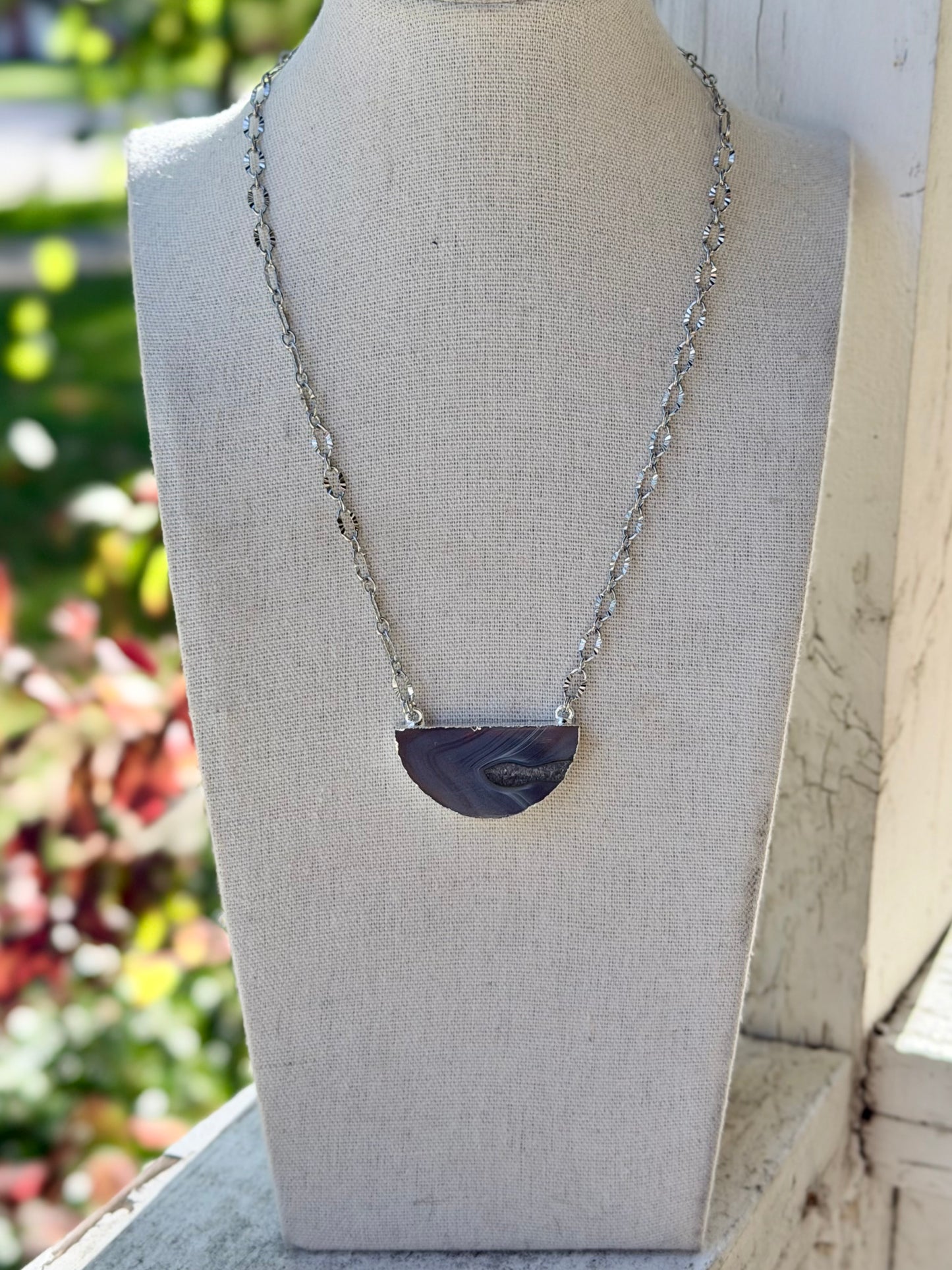 Agate Slice + Stainless Steel Half Moon Necklace