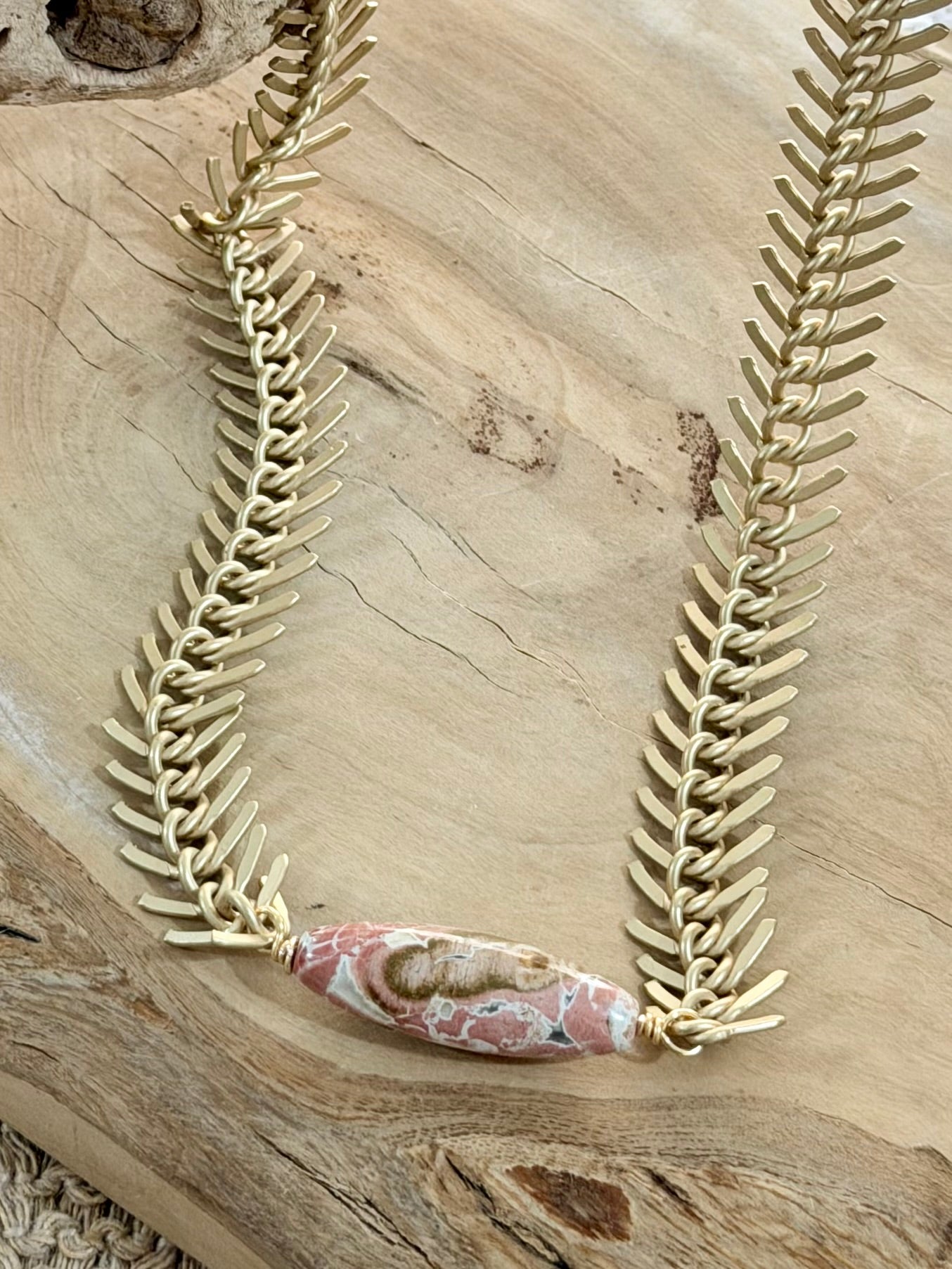 Painted Jasper + Matte Gold Fishbone Chain Necklace