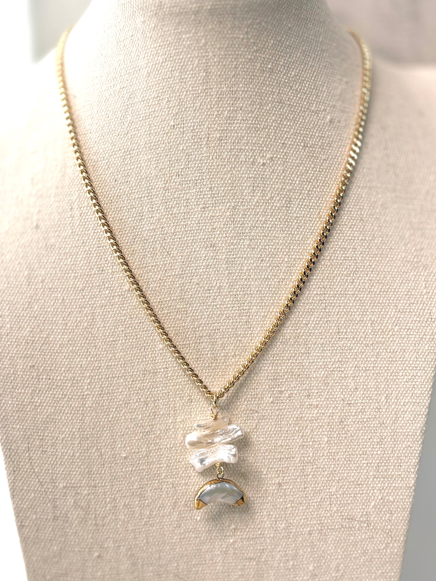 Freshwater Pearl + Matte Gold Moon Necklace