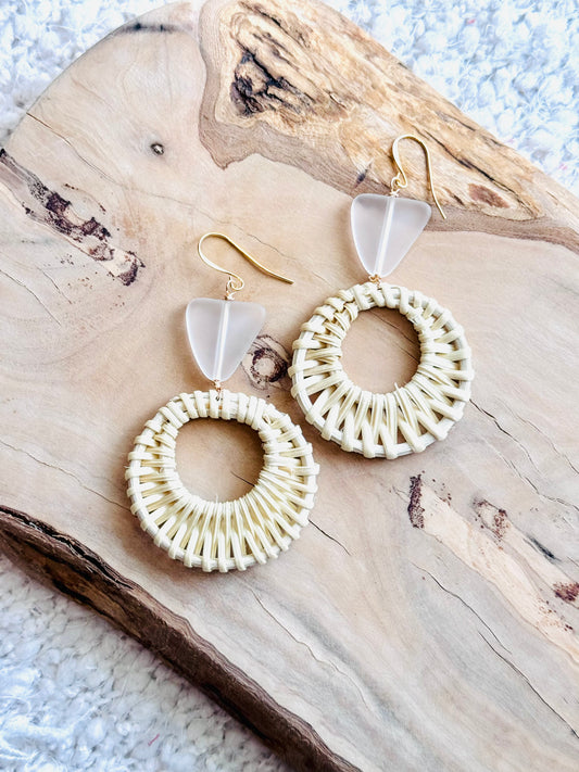 Frosted Sea Glass + Gold Rattan Earrings