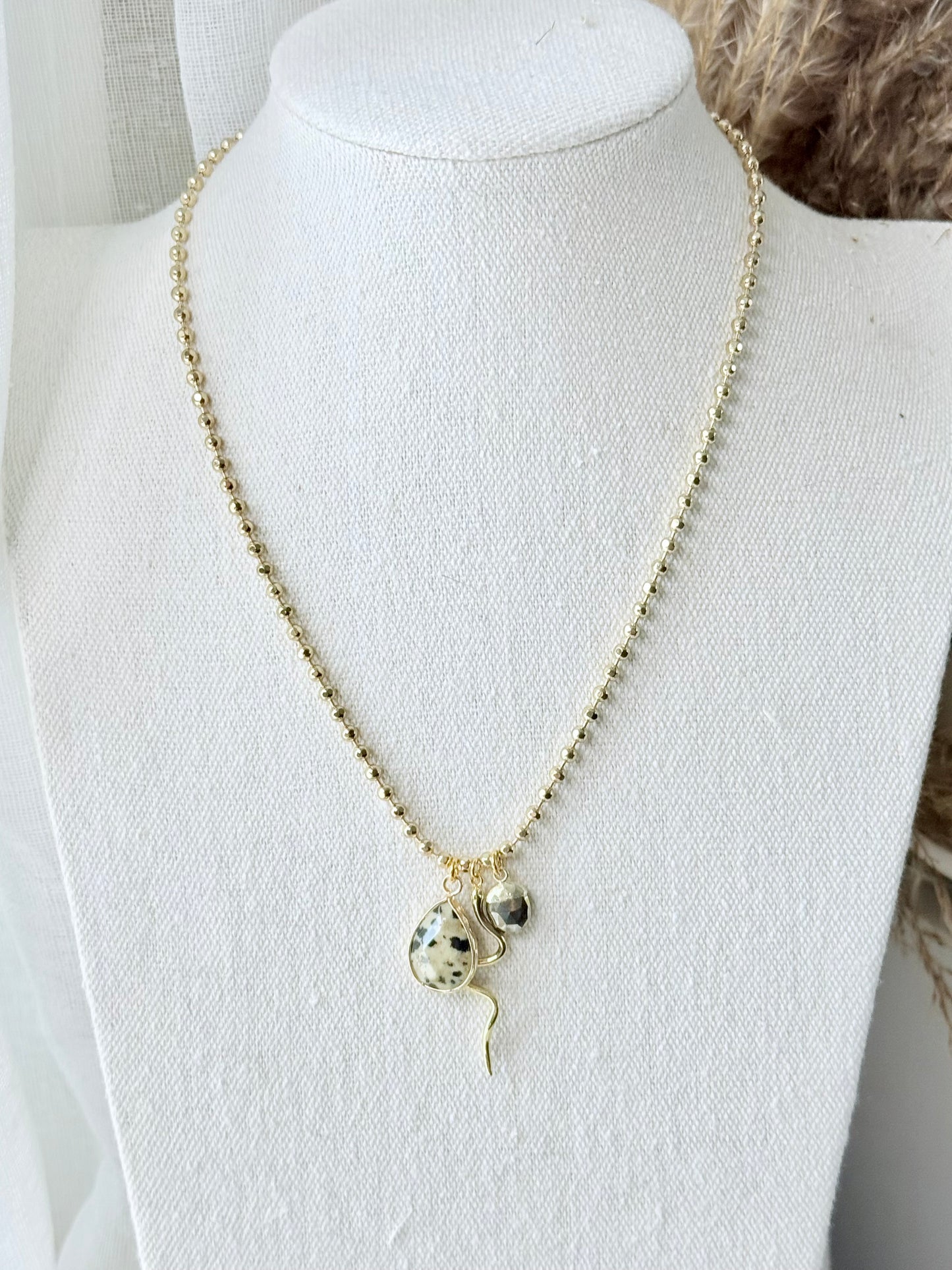 Dalmatian Jasper + Pyrite Gold Snake Necklace