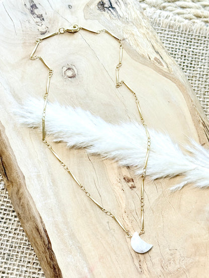 Rainbow Moonstone + Matte Gold Moon Necklace