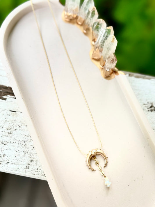 Moonstone + Ethiopian Opal Gold Half Moon Necklace