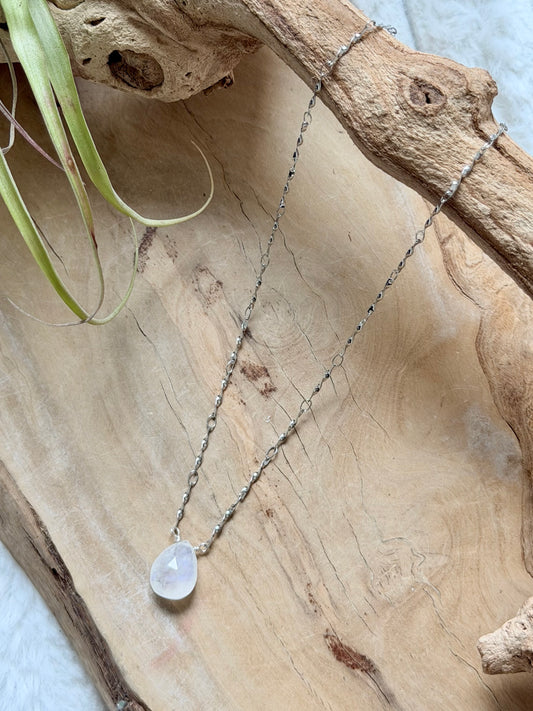 Rainbow Moonstone + Silver Stainless Steel Necklace