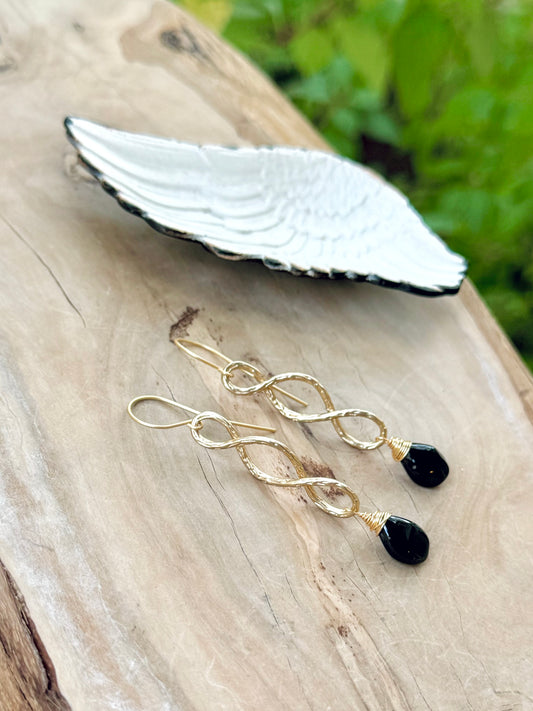 Black Tourmaline + Matte Gold Infinity Earrings