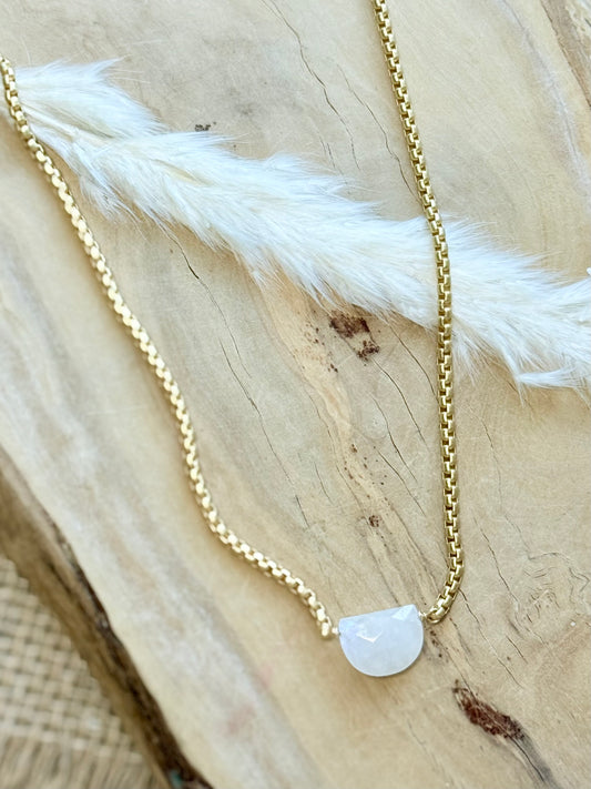 Rainbow Moonstone + Matte Gold Half Moon Necklace