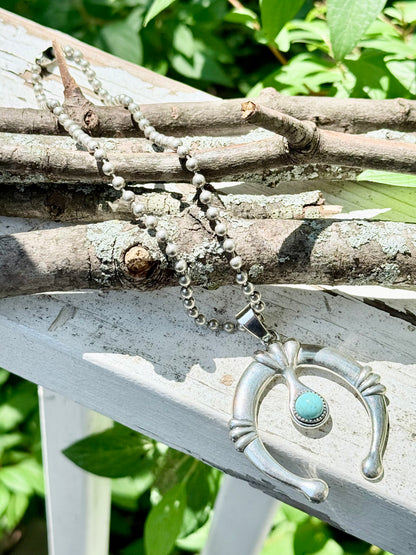 Turquoise + Antique Silver Squash Blossom Necklace