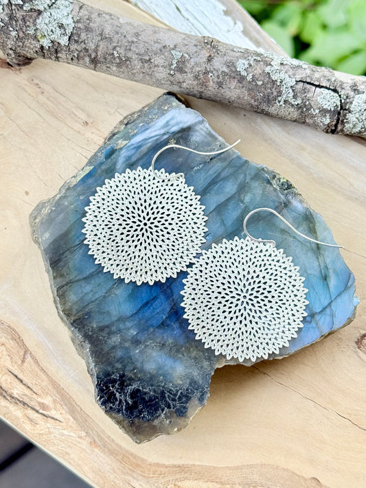 Matte Silver Filigree Round Earrings