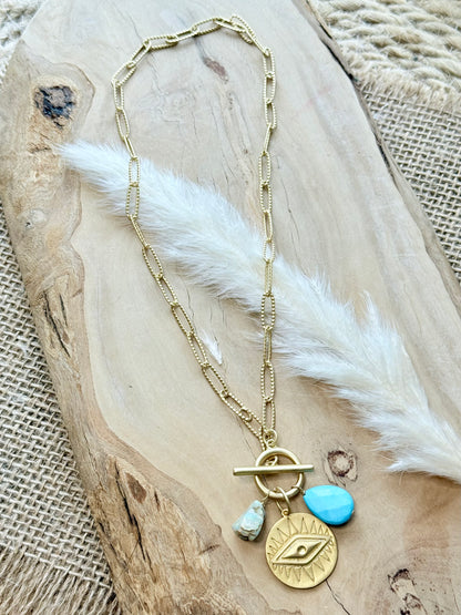 Ethiopian Opal + Turquoise Gold Charm Toggle Necklace