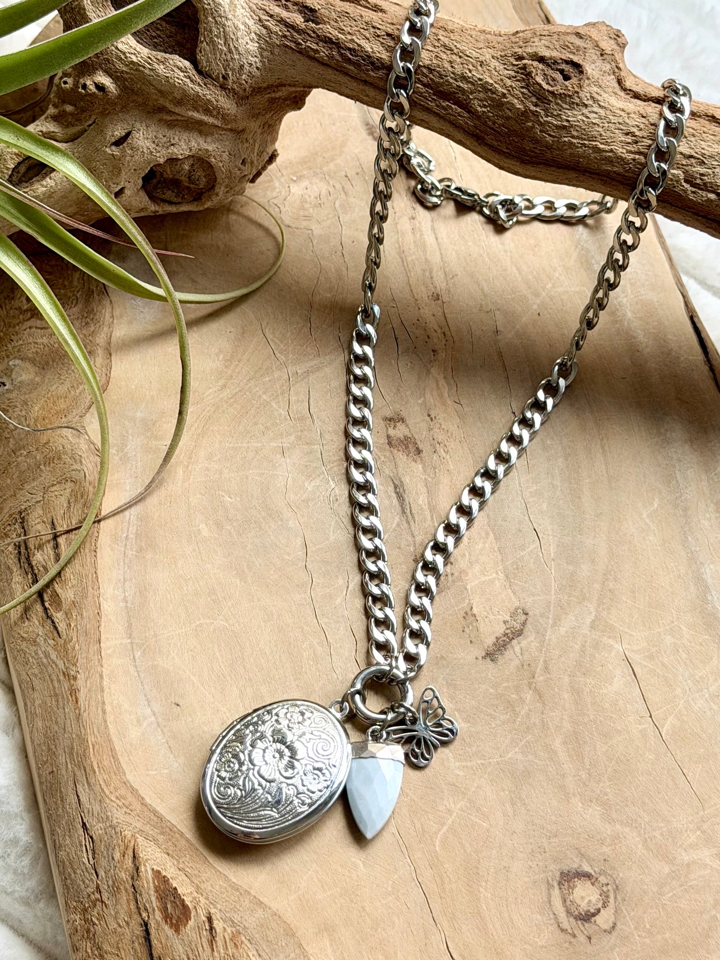 Blue Opal + Stainless Steel Locket, Carabiner Charm Necklace