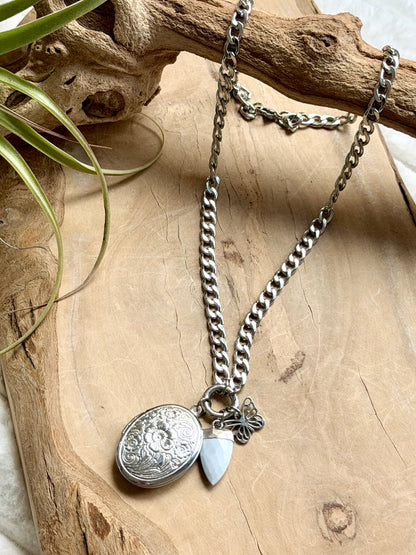 Blue Opal + Stainless Steel Locket, Carabiner Charm Necklace