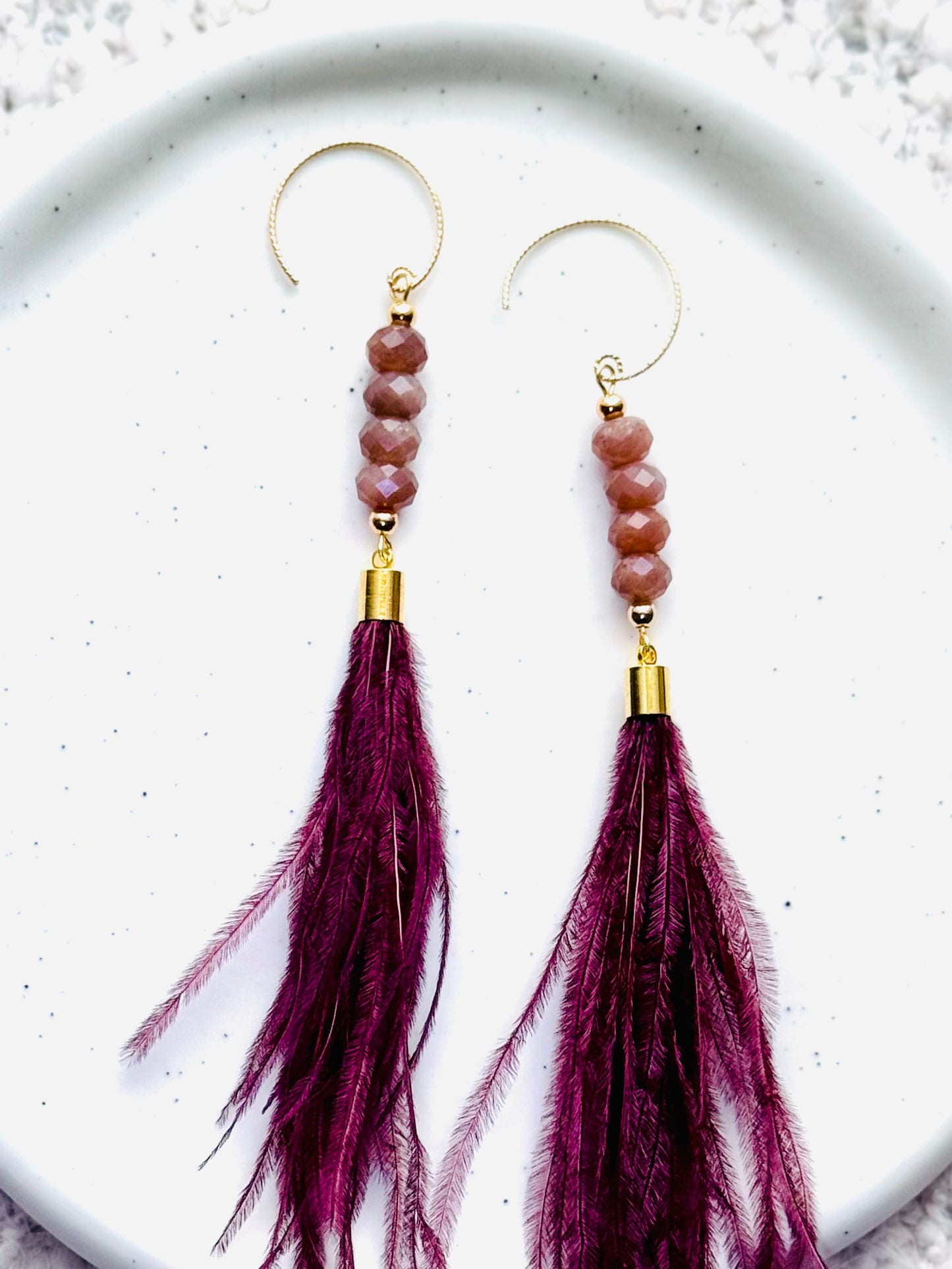 Chocolate Moonstone + Gold Burgundy Feather Earrings