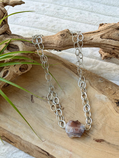 Botswana Agate + Antique Silver Double Chain Necklace