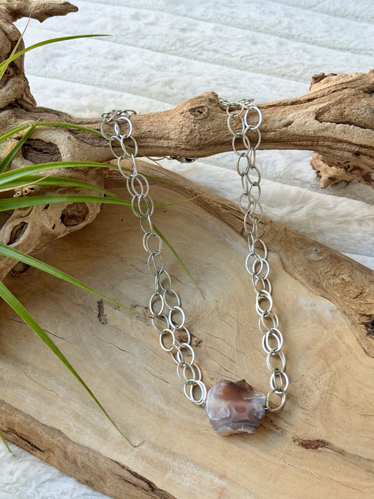 Botswana Agate + Antique Silver Double Chain Necklace