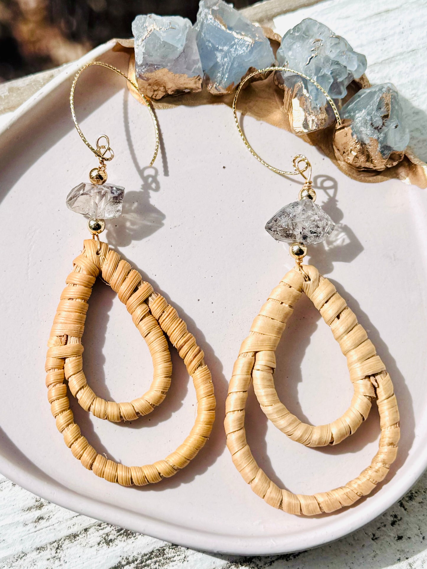 Herkimer Diamond + Gold Rattan Earrings