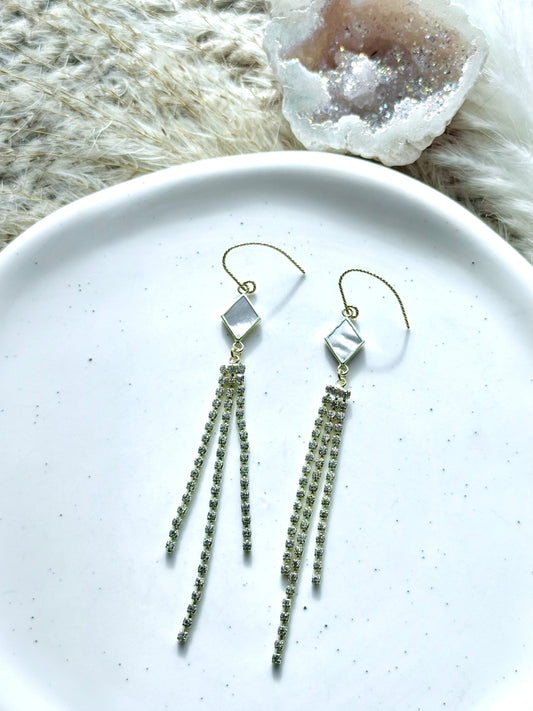 Mother of Pearl + Gold Rhinestone Drop Earrings