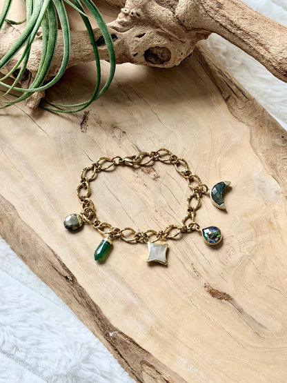 Mixed Cool Gems + Gold Stainless Charm Bracelet