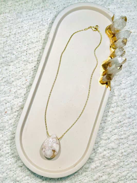 Cherry Blossom Agate + Matte Gold Pendant Necklace